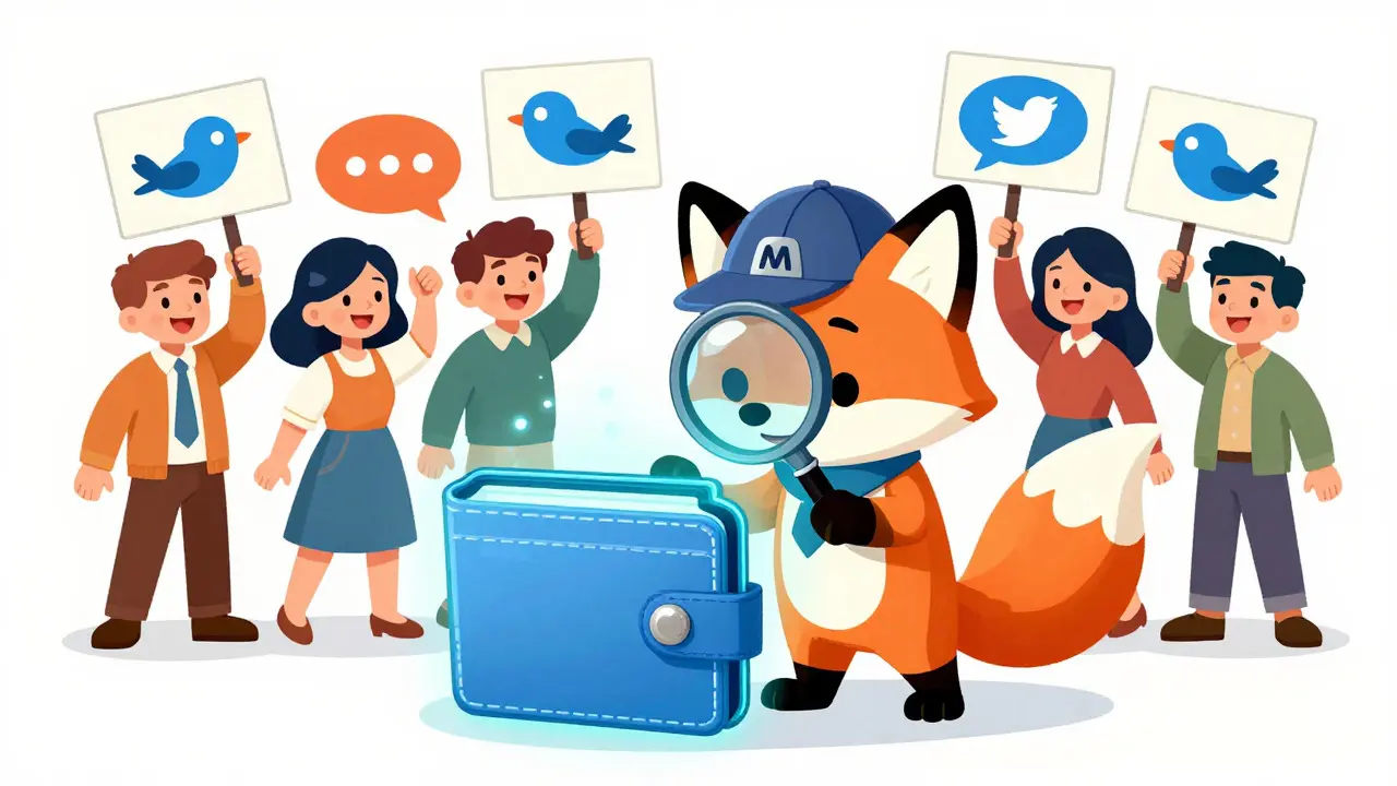 Detective fox inspecting a digital wallet with crowd behind