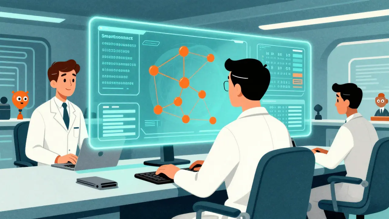 Developer managing blockchain infrastructure with AI assistance in retro style