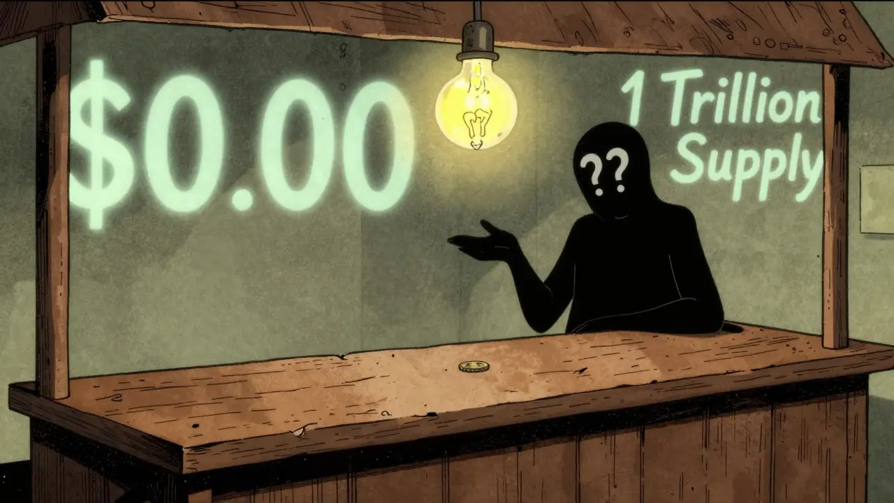 Empty dusty market stall with shadowy vendor and floating zero value signs