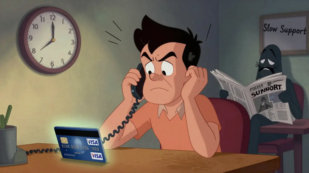 Frustrated user dealing with slow customer support and a debit card