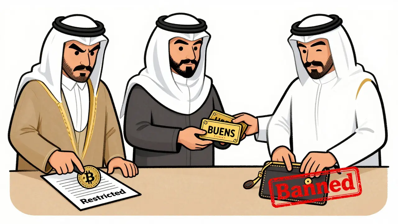 GCC officials enforcing strict crypto regulations in vintage cartoon