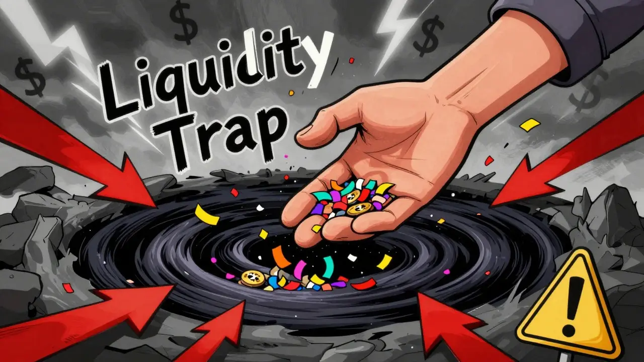 Hand losing tokens into a dark liquidity trap vortex with warning signs