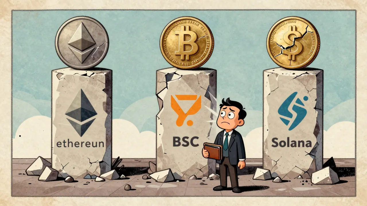 Illustration of fragmented blockchain tokens confusing an investor