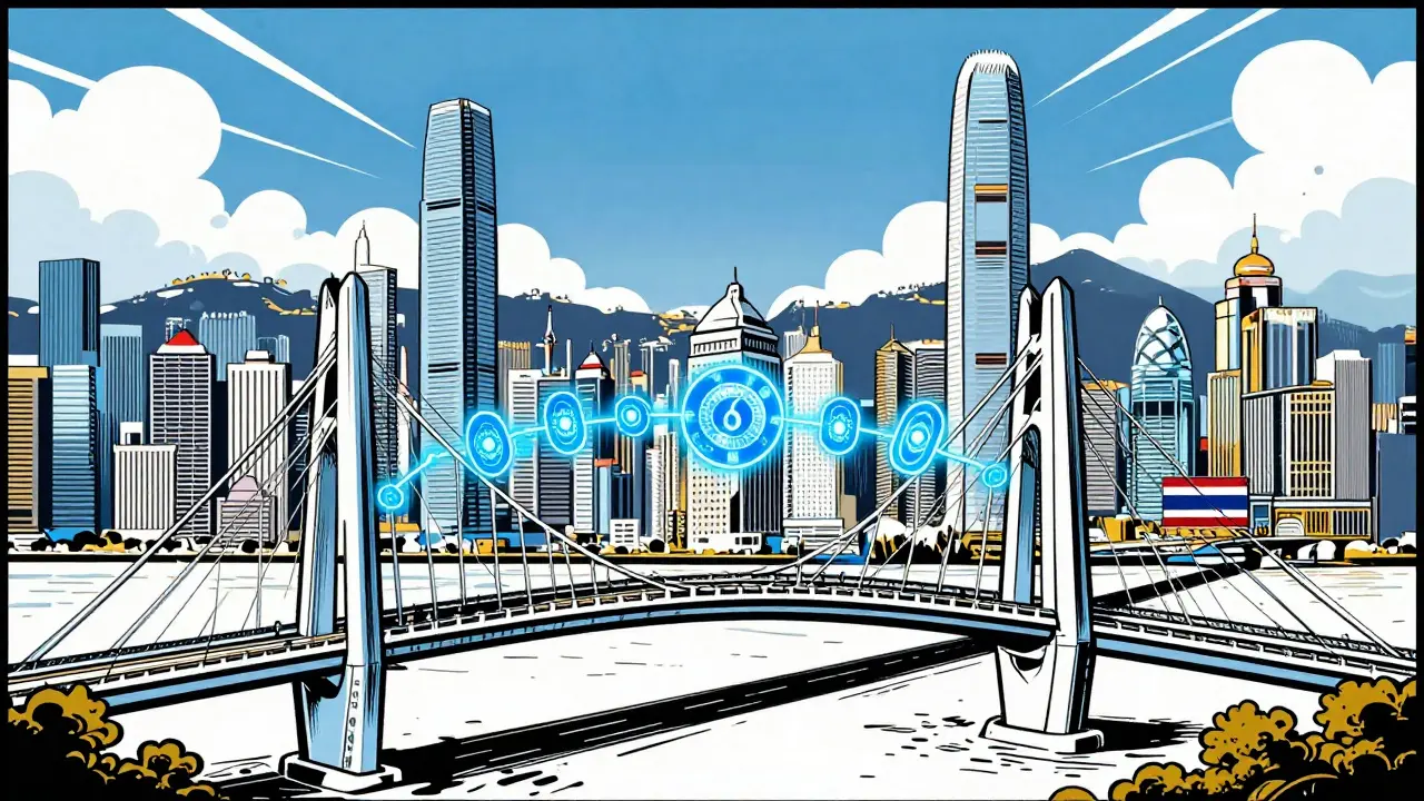 Illustration of instant digital currency swap between two cities via a bridge