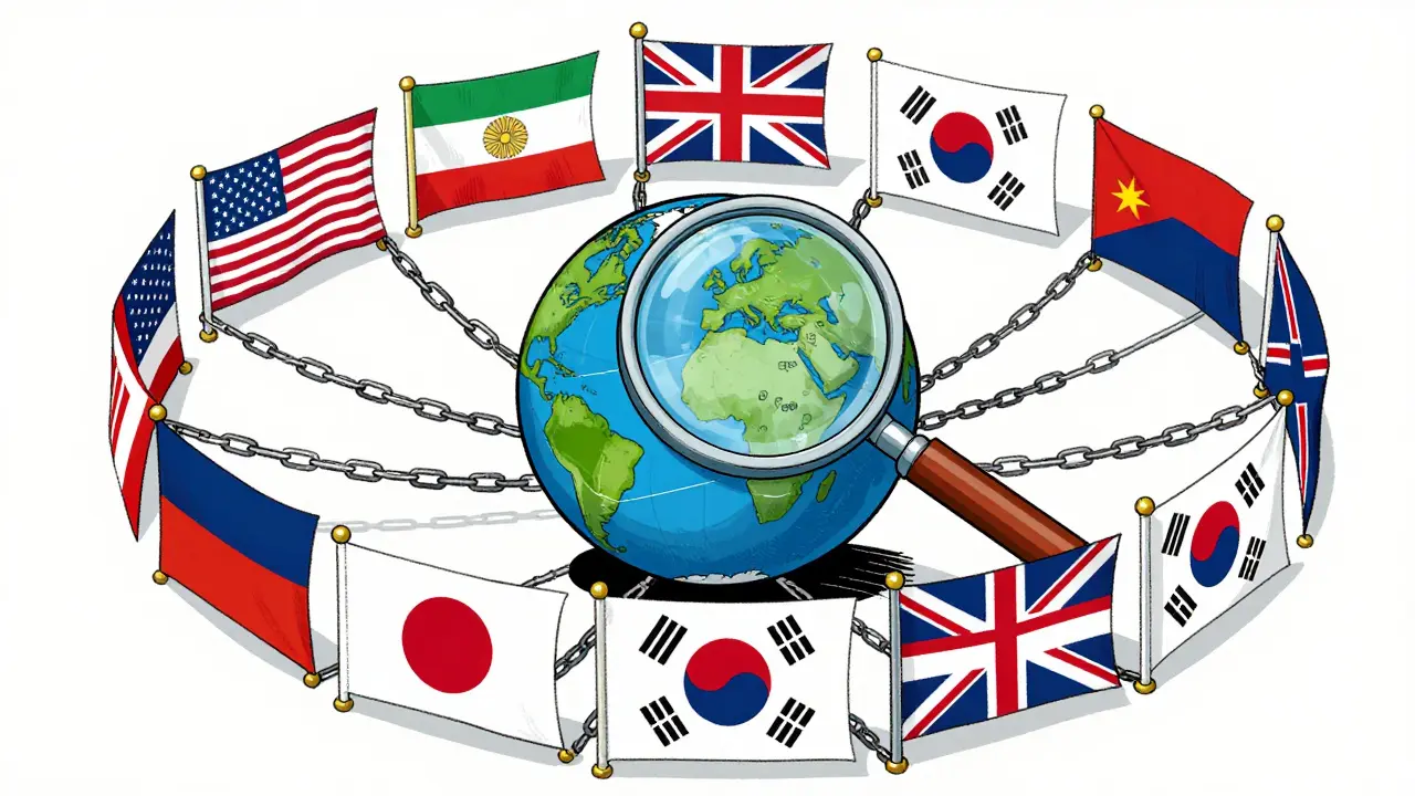 Illustration of nations uniting to monitor sanctions violations