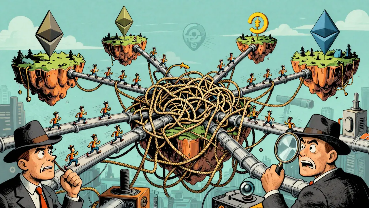 Illustration of tangled blockchain networks and frantic transactions