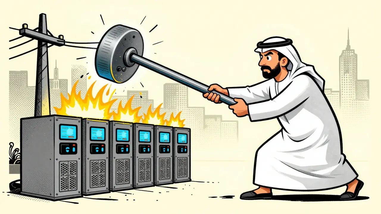 Kuwaiti official cutting power to crypto mining rigs in cartoon