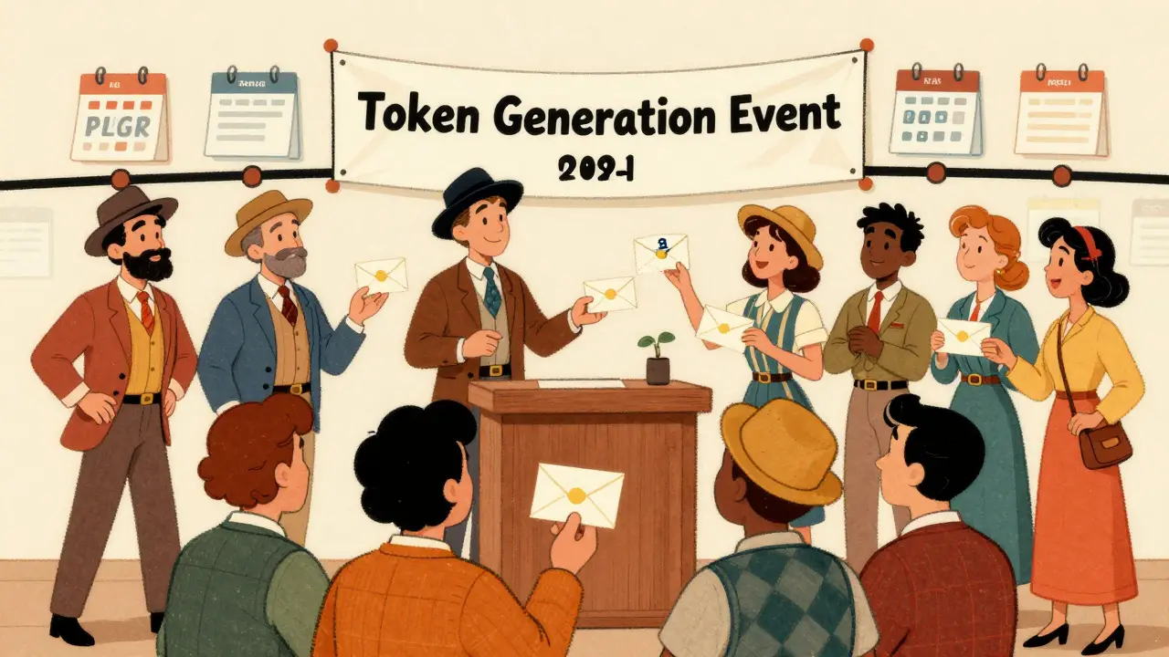 Retro crowd receiving token envelopes at a 2021 distribution event