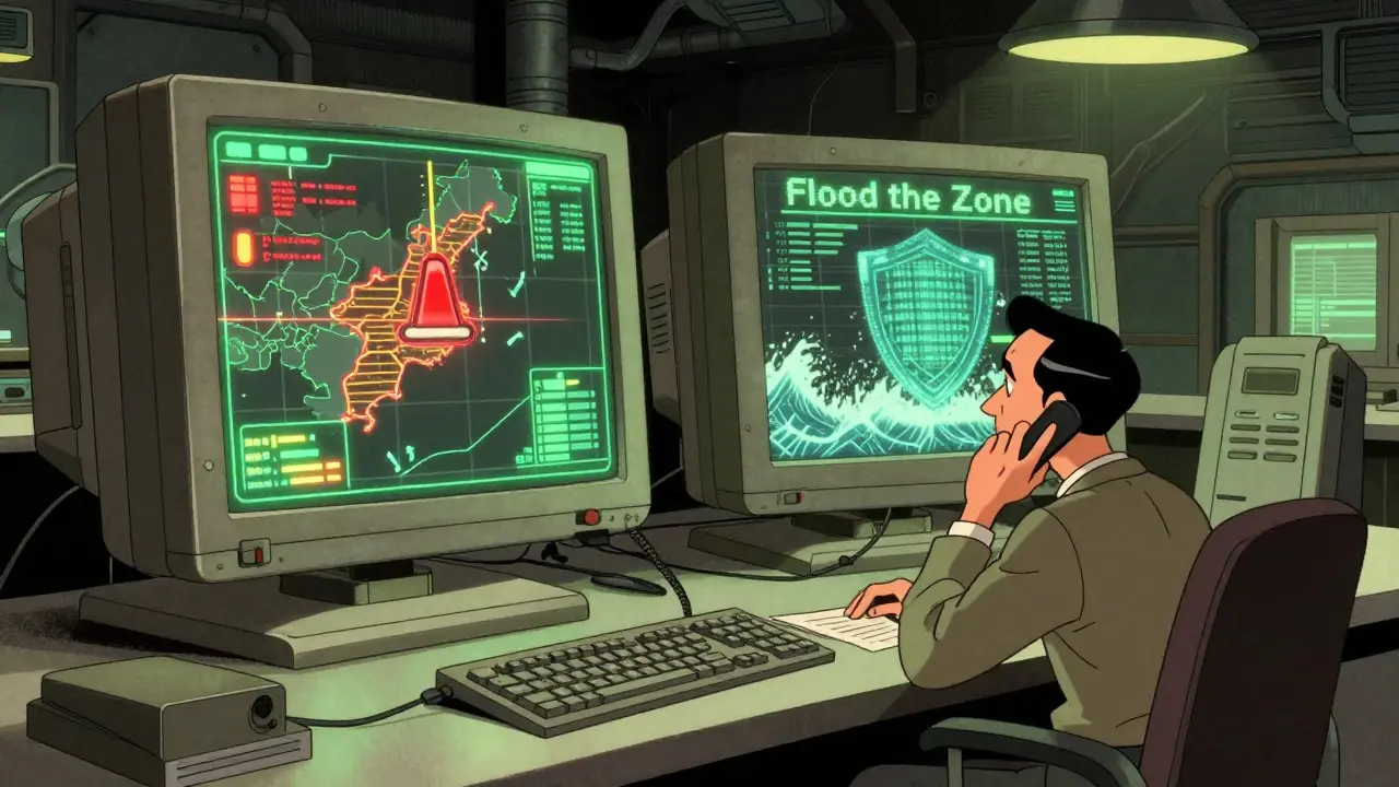 Retro-futuristic analyst monitoring crypto threats on glowing screens