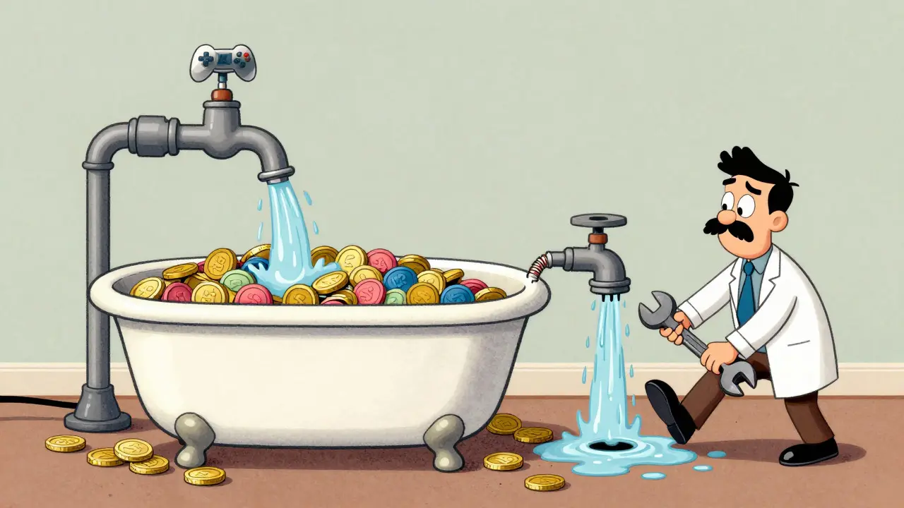 Retro illustration of a bathtub overflowing with tokens, symbolizing game economy inflation.
