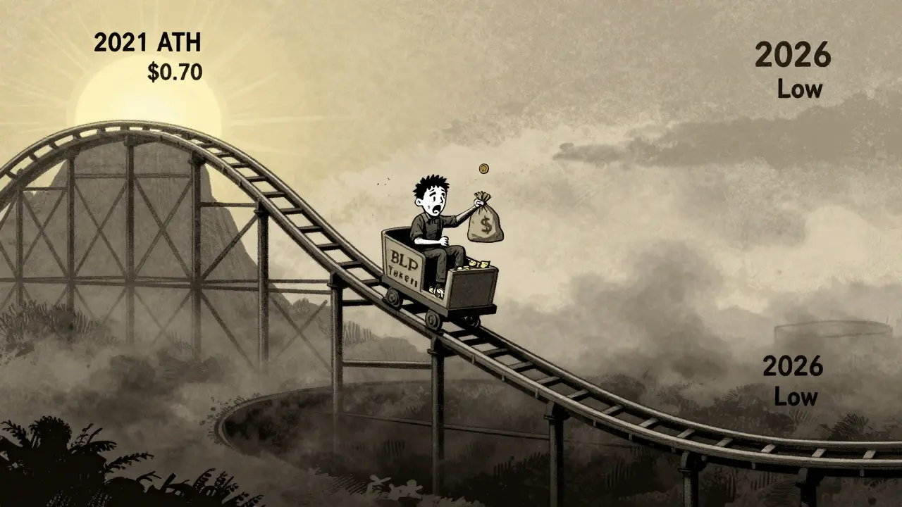 Retro illustration of BLP token price crashing down a steep rollercoaster track