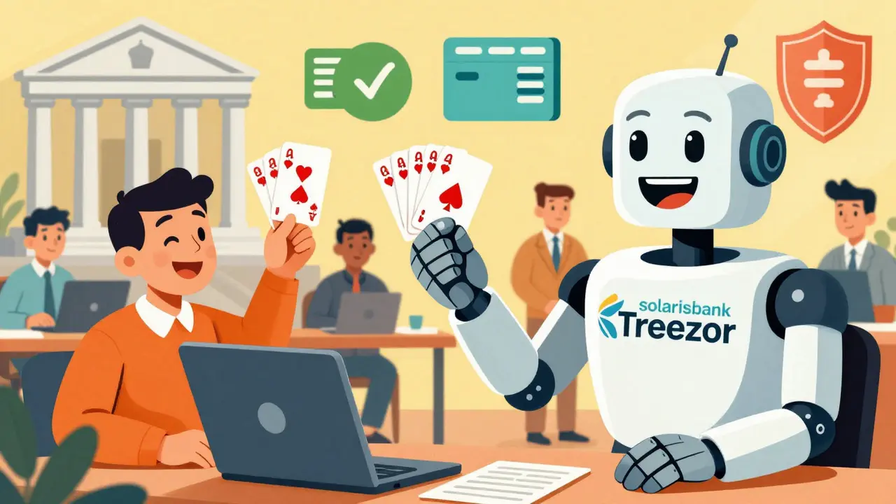 Robot banker distributing API keys to developers in a vintage market scene