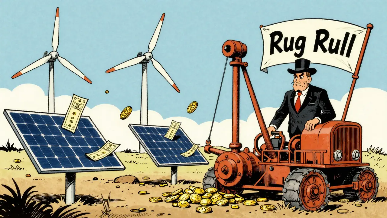 Satirical cartoon of green mining producing worthless paper tokens