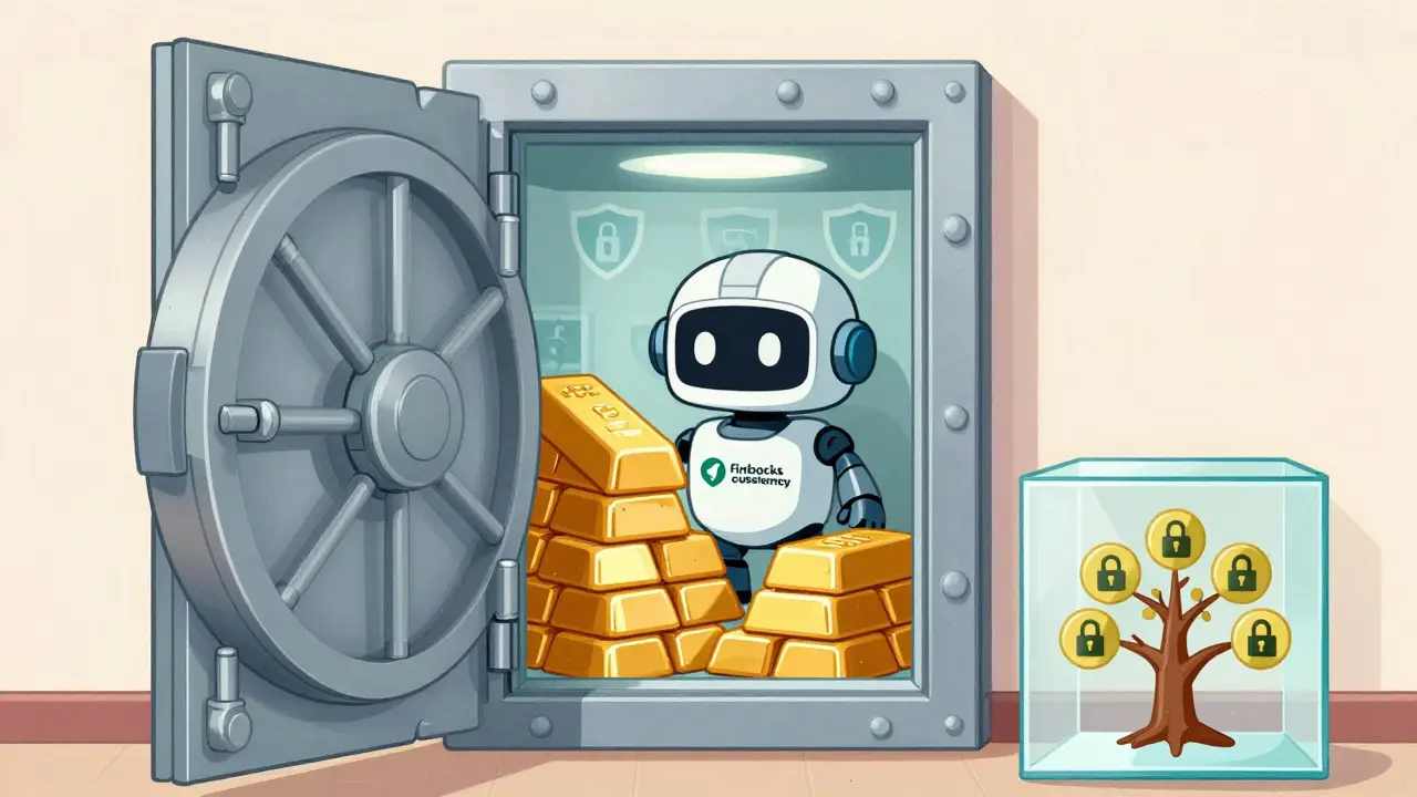 Secure vault with robot guard protecting crypto assets in vintage style
