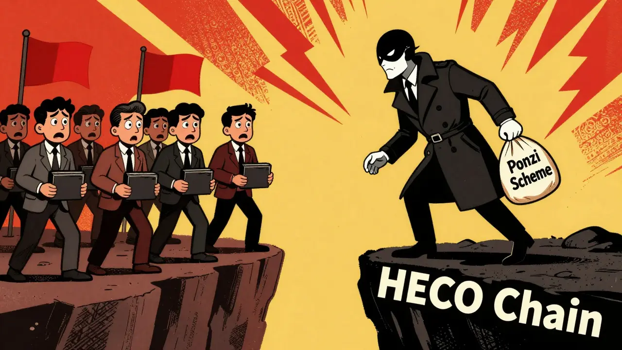 Sinister scammer leading investors to danger on HECO chain in a vintage cartoon warning.