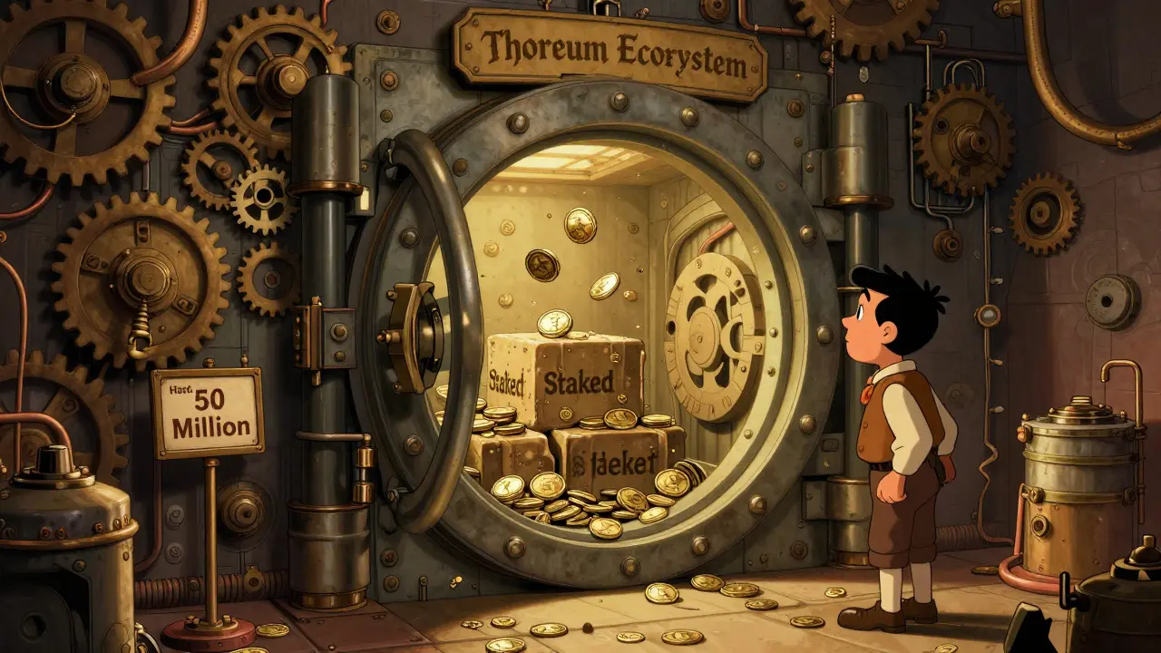 Steampunk vault showing scarce Thoreum tokens mostly locked in staking