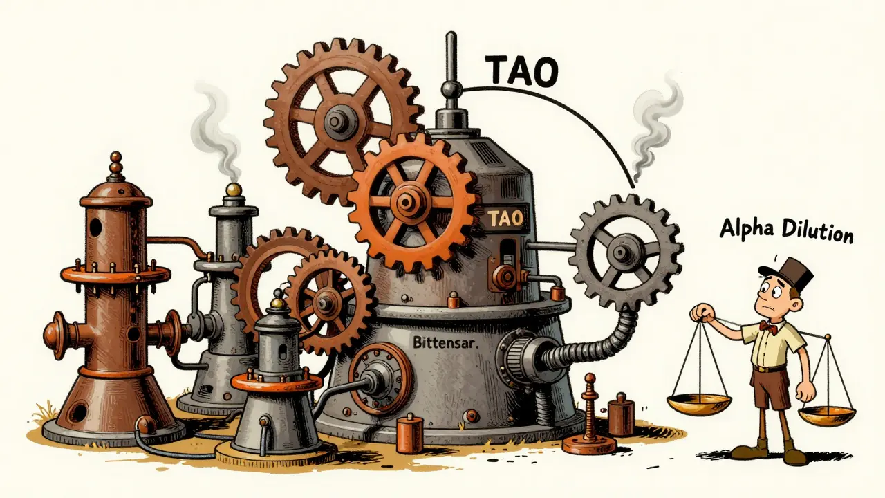 Vintage cartoon of Bittensor TAO machine and stressed subnets