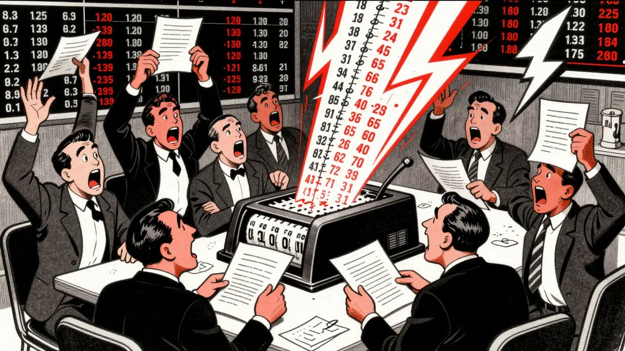 Vintage cartoon of chaotic traders reacting to volatile crypto prices