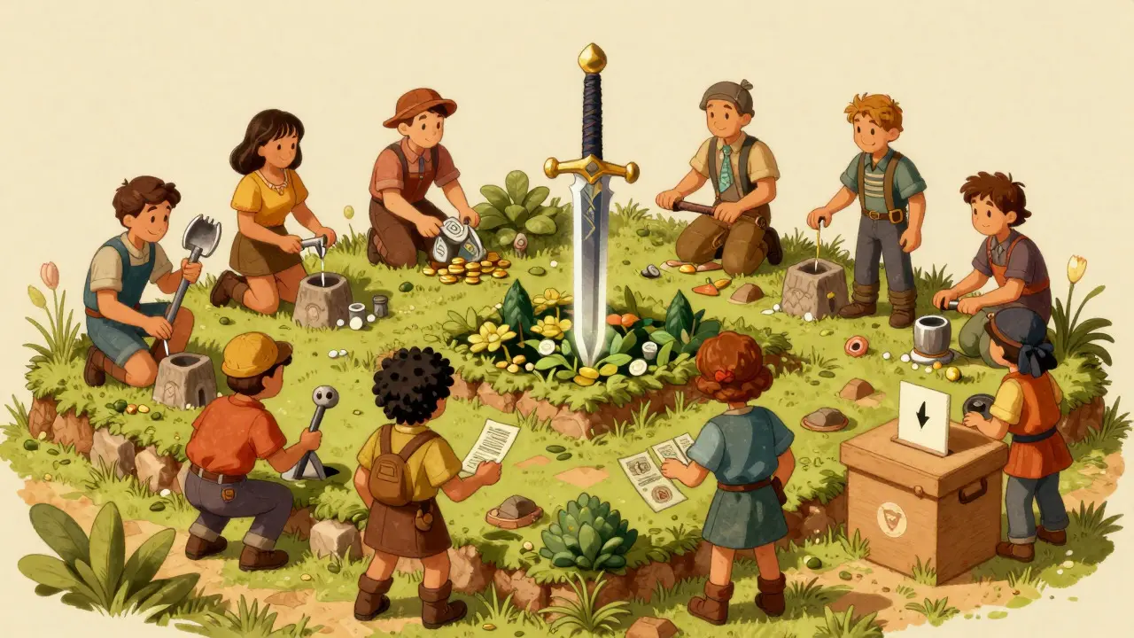 Vintage cartoon showing balanced game economy with players repairing gear and voting.