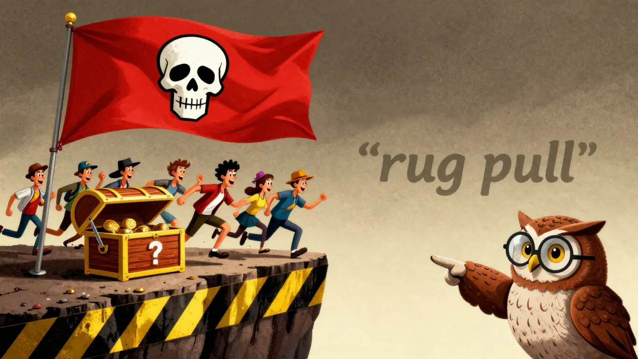 Vintage cartoon warning against risky meme coin investments