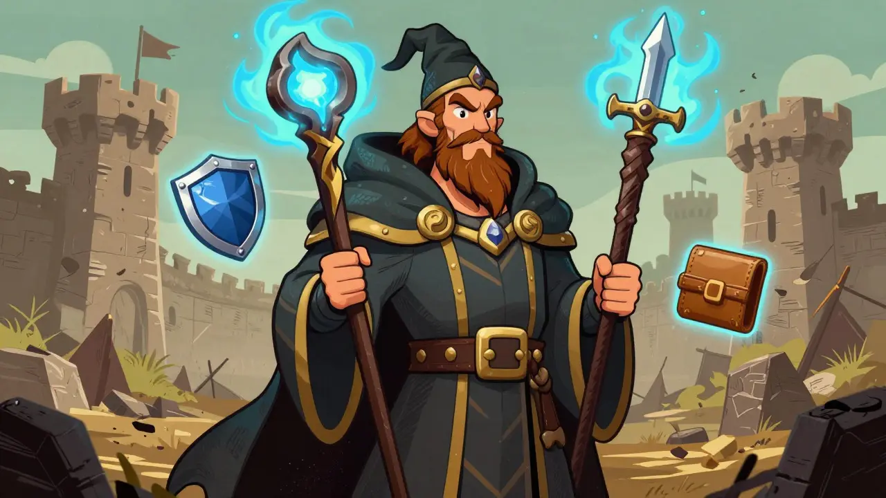 Vintage cartoon wizard holding magic staff on battlefield