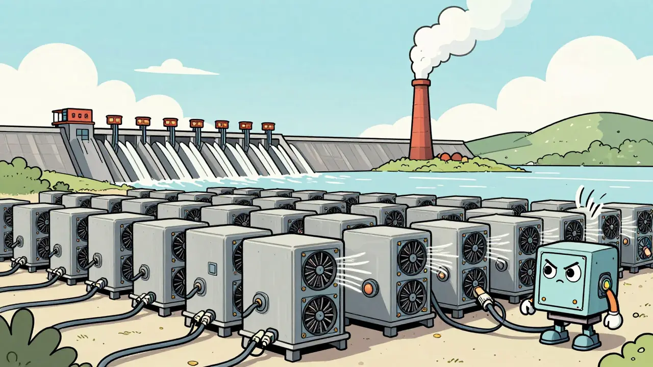 Vintage illustration of industrial bitcoin mining farm