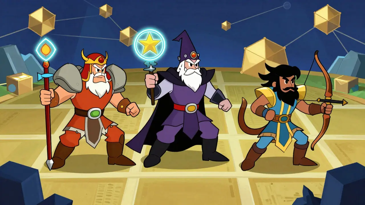 Vintage style heroes with glowing gear battling in a digital arena