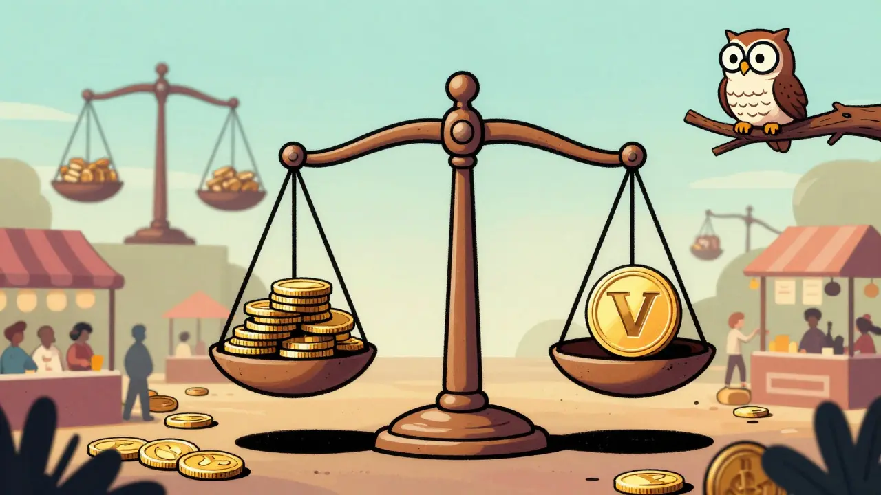 A balanced scale holding crypto coins and a V-shaped token, observed by an owl, illustrating stable trading strategies.