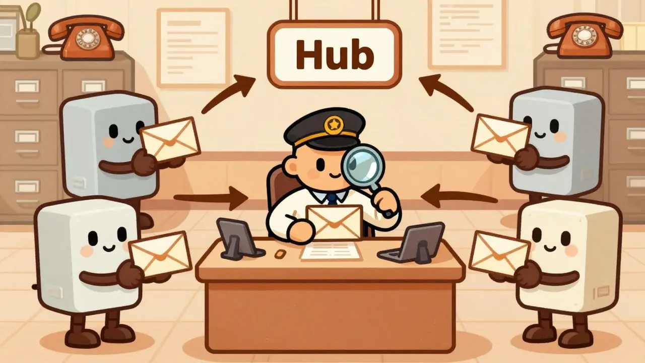 A central hub character sorting data envelopes for secure inter-blockchain transfer