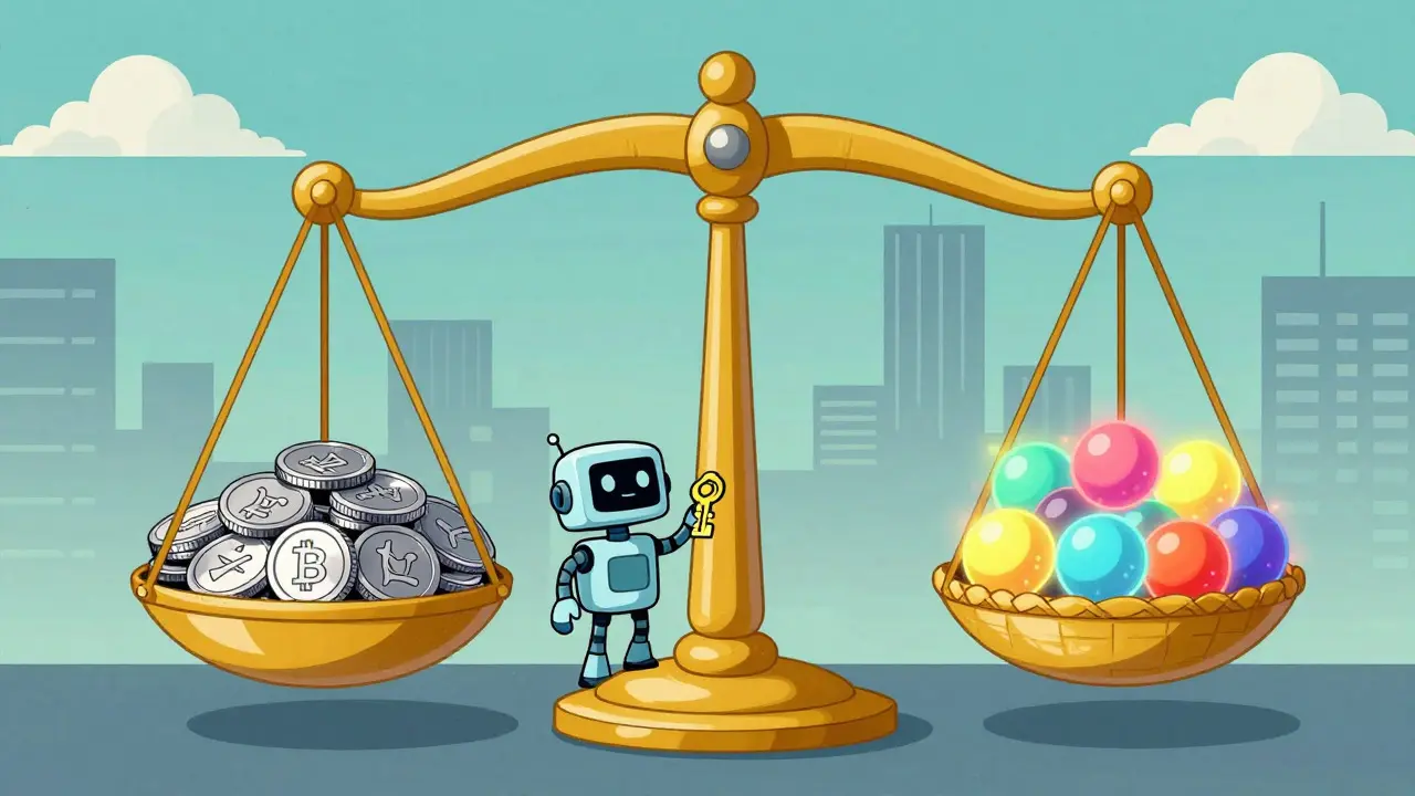A scale balancing silver coins and colorful orbs with a robot holding a key