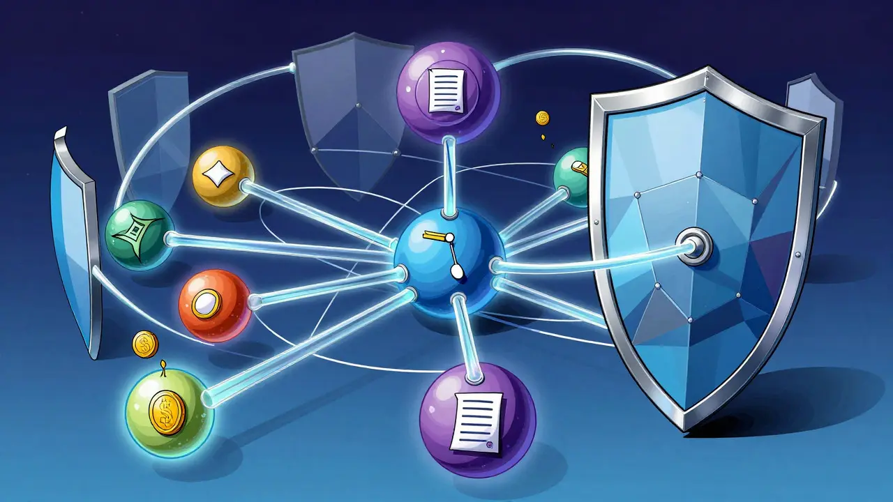 A secure, interconnected network web with a protective shield in retro illustration style