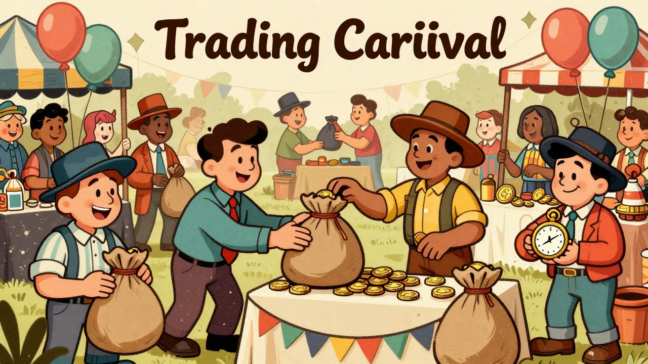 Animated characters trading coins at a vibrant carnival celebrating Bitica community events.
