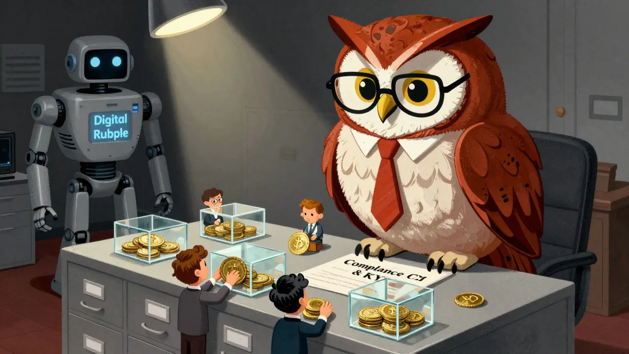 Bureaucratic owl overseeing crypto compliance and digital ruble