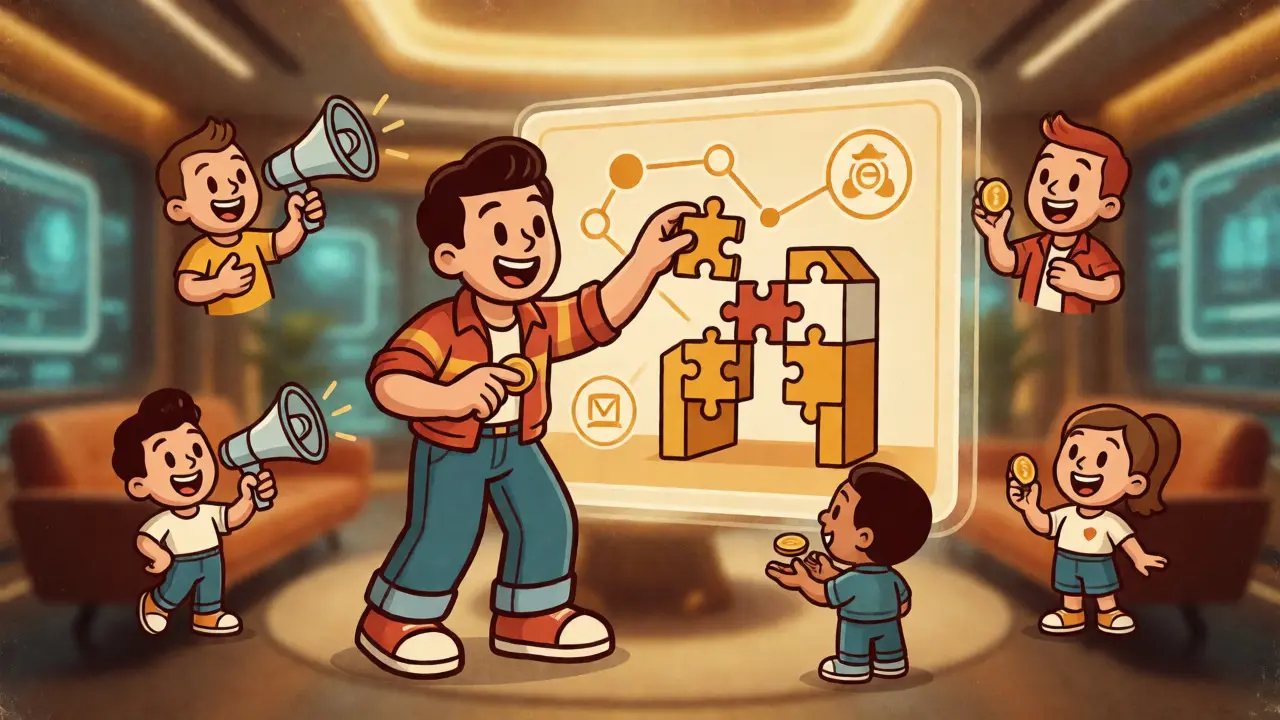 Cartoon character assembling a digital ecosystem with community icons and staking elements.