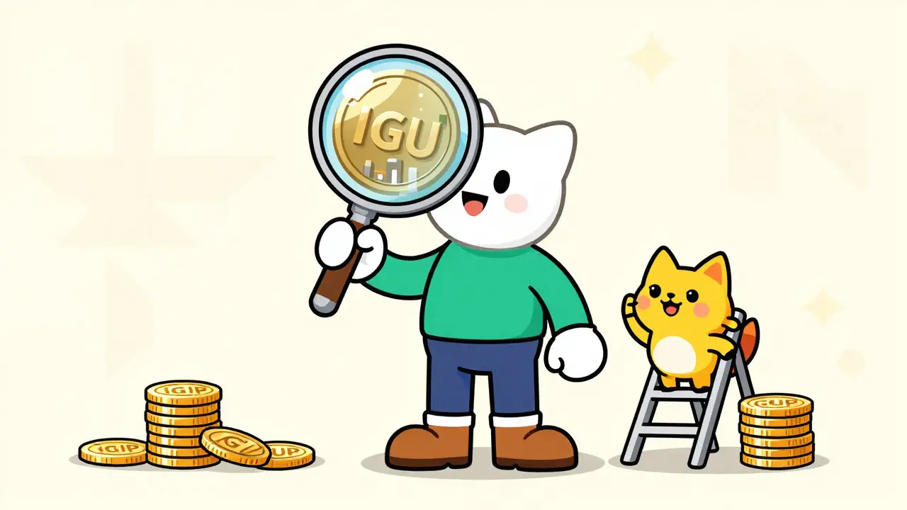Cartoon character examining IGU coin while pet climbs IGUP reward ladder
