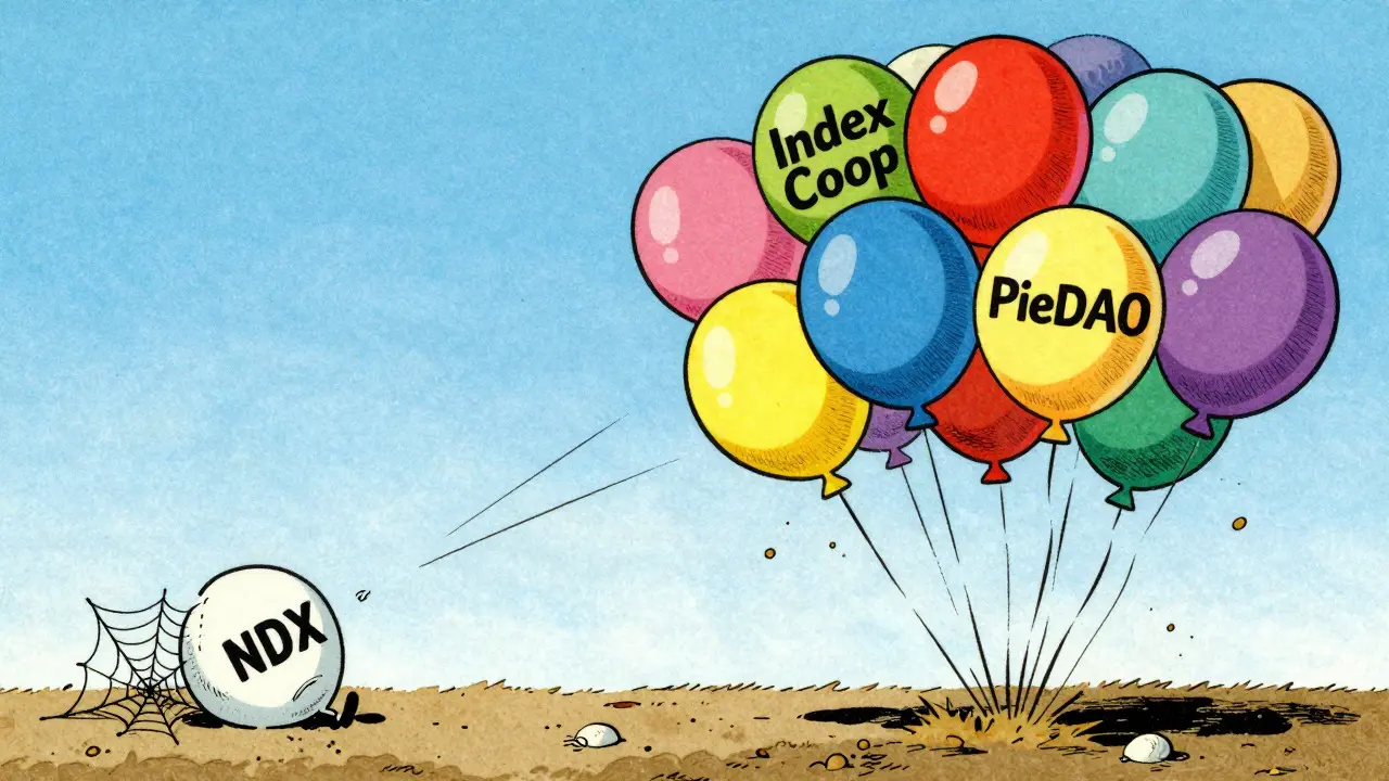 Cartoon comparing a deflated NDX balloon to soaring competitor balloons in the sky.