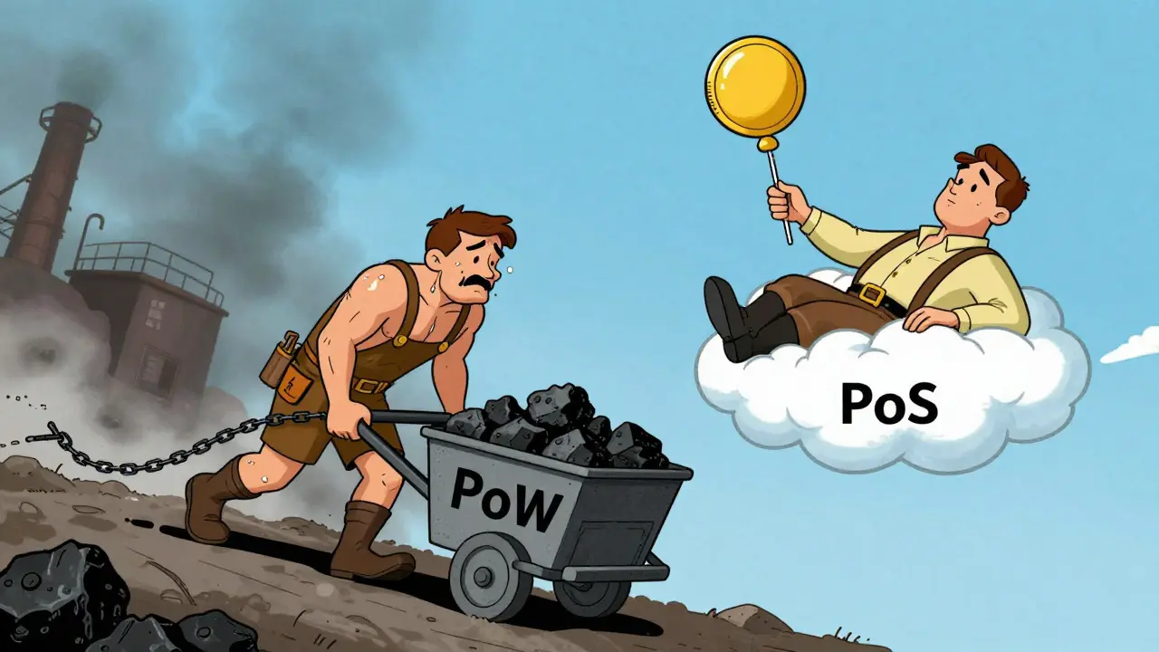 Cartoon contrast of struggling PoW miner vs relaxed PoS validator