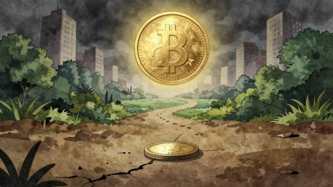 Cartoon depiction of a small coin on dusty ground with a large glowing coin in the background