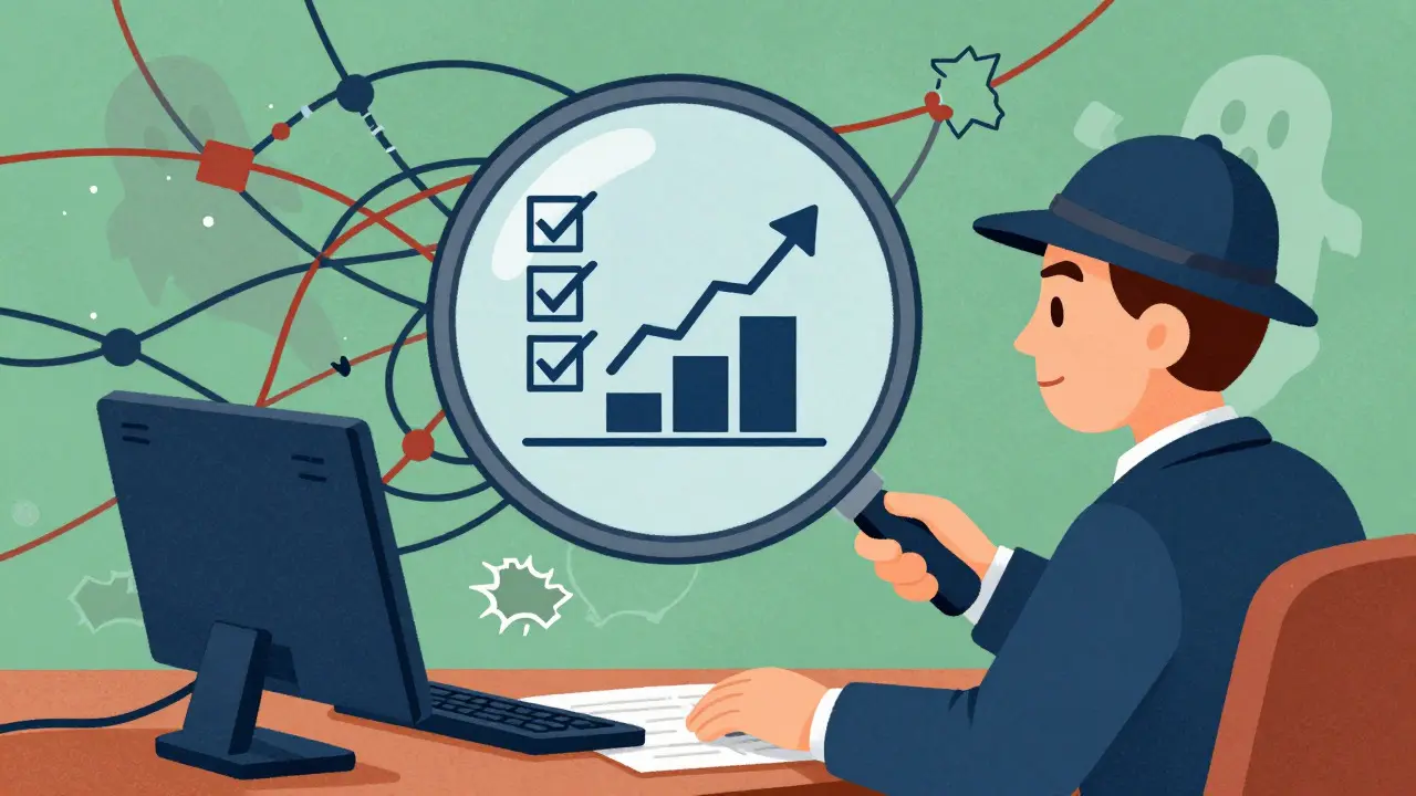 Cartoon detective analyzing crypto risks through a magnifying glass