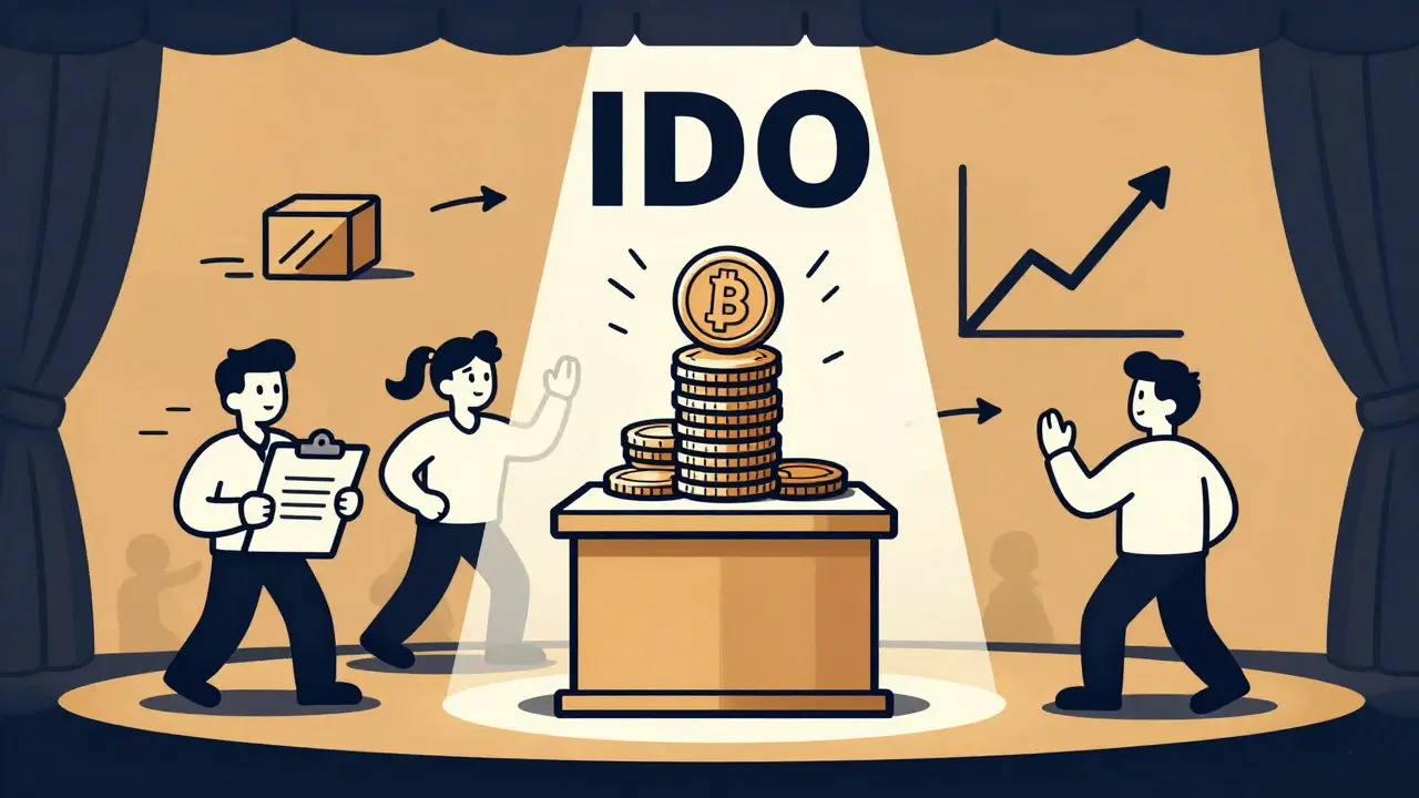 Cartoon illustration of a token launch stage with audience