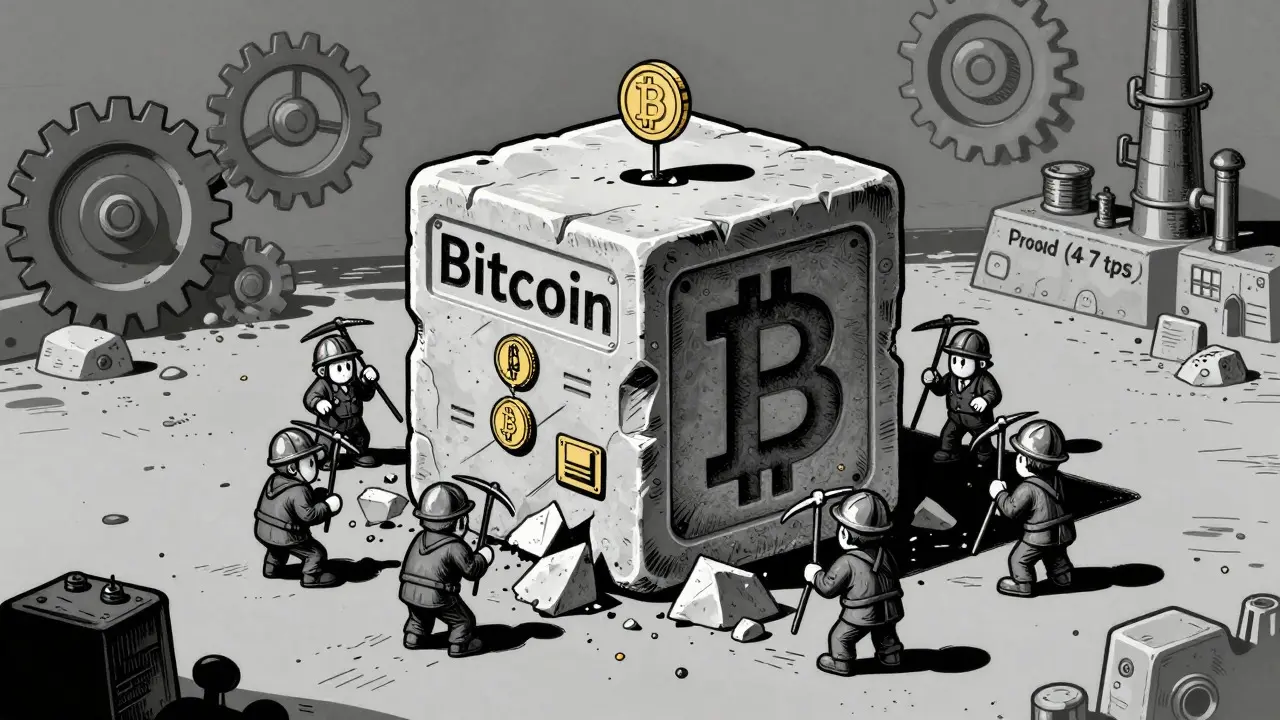 Cartoon miners validating a heavy Bitcoin block with 1MB limit