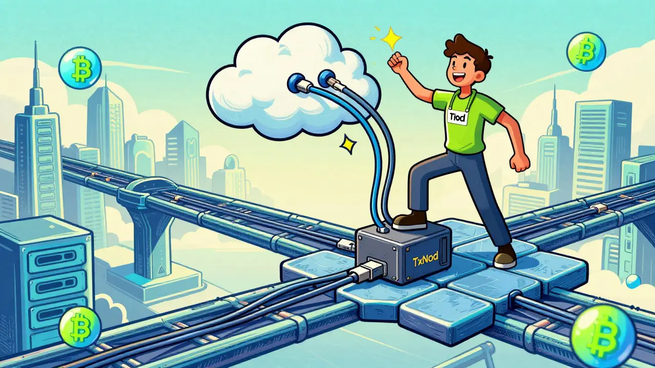 Developer connecting a hardware wallet to a futuristic cloud network