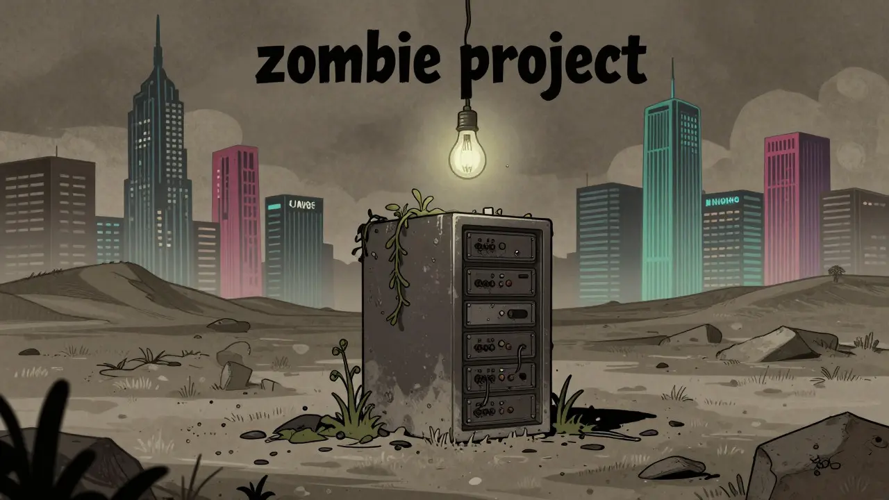 Dusty, neglected server in a wasteland representing a dormant crypto project.