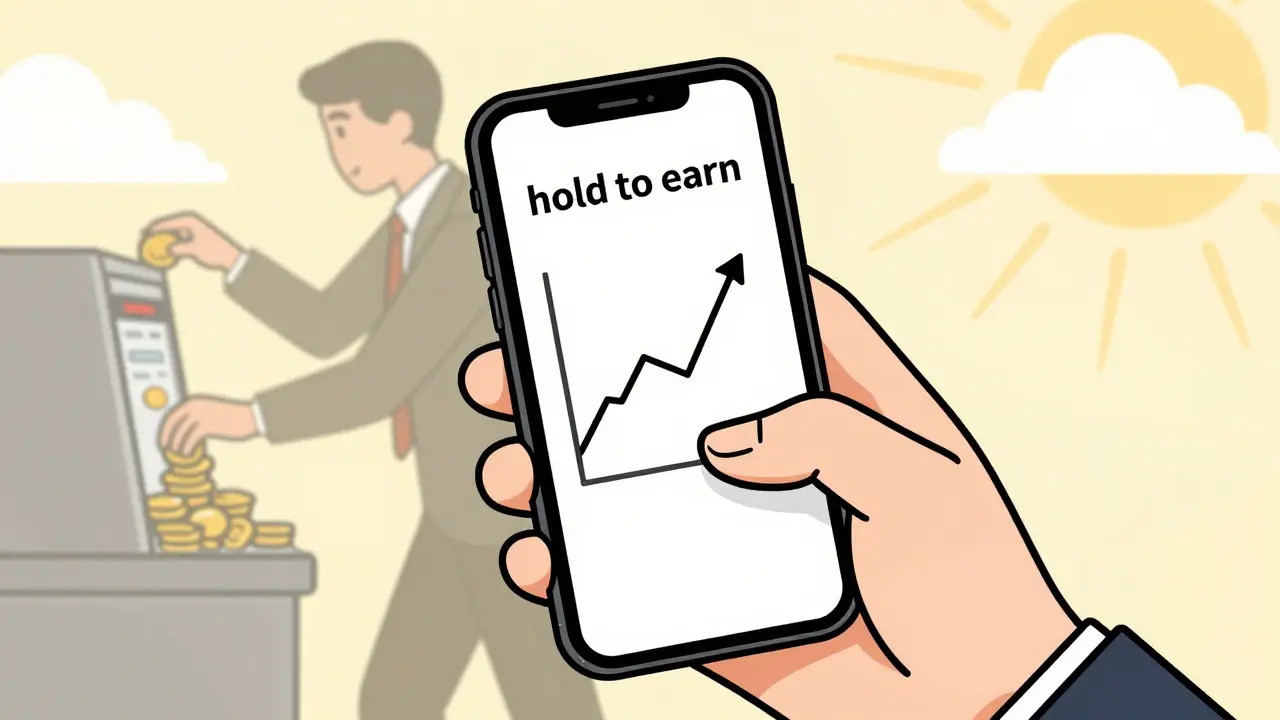 Hand holding a phone with a graph, showing passive earnings while trading happens in the background