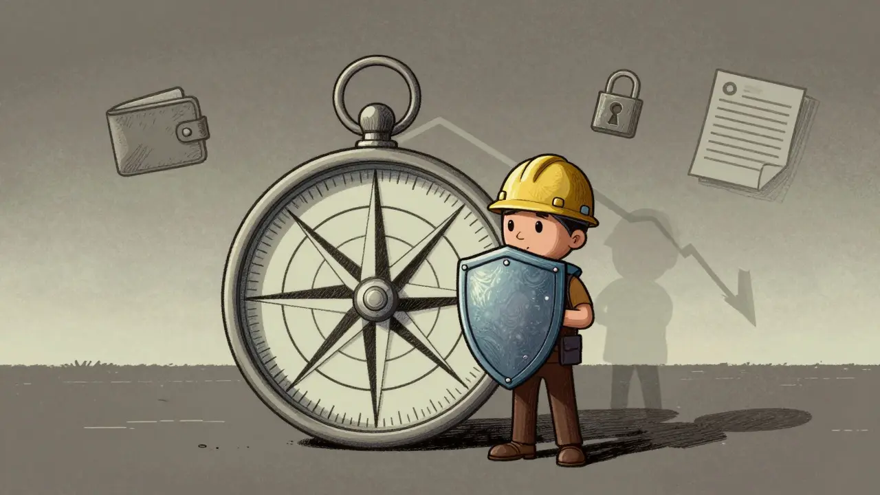 Illustration of a person with a shield analyzing market trends