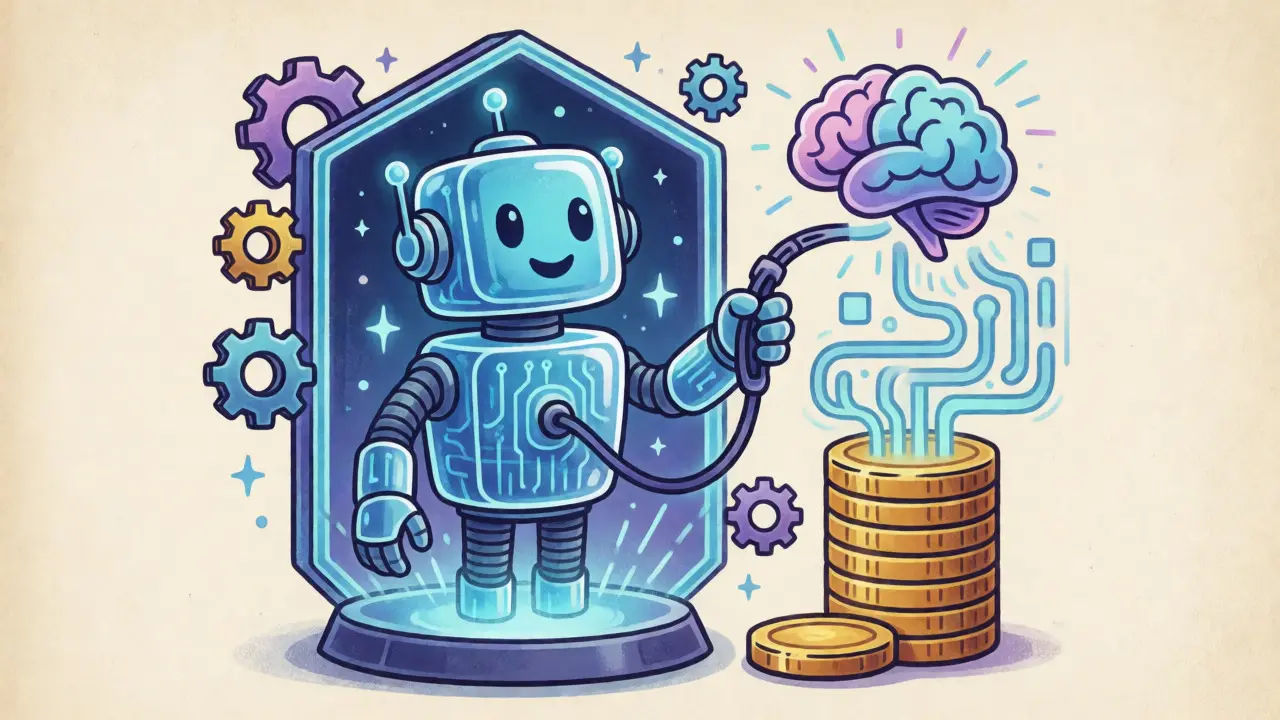 Illustration of a robot inside a hexagon representing tokenized AI agents.