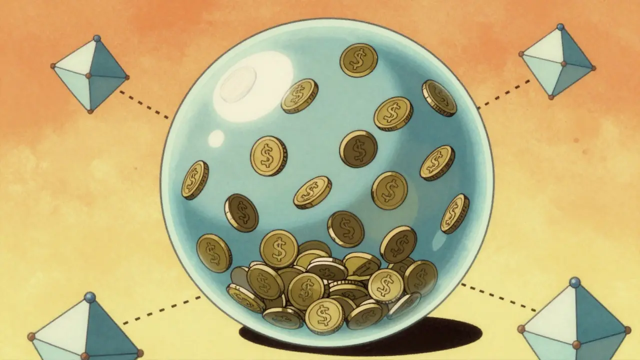 Illustration of a sphere filled with moving coins representing token supply