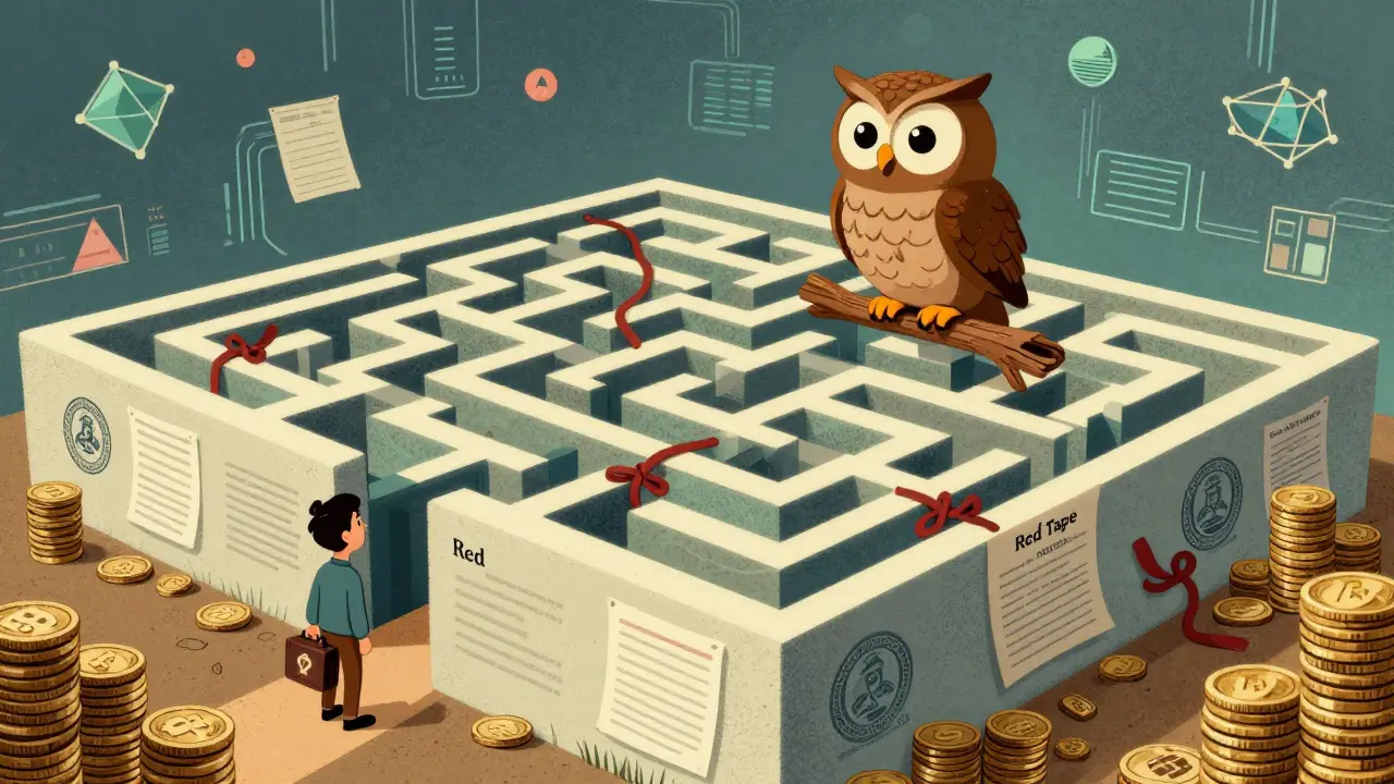 Illustration of a startup founder navigating a maze of legal regulations with an owl guide
