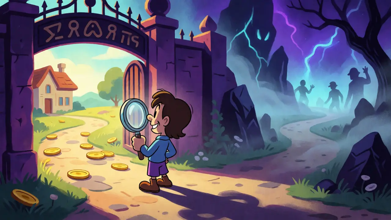 Illustration of a traveler choosing between a stable path and a risky misty road in Howl City.