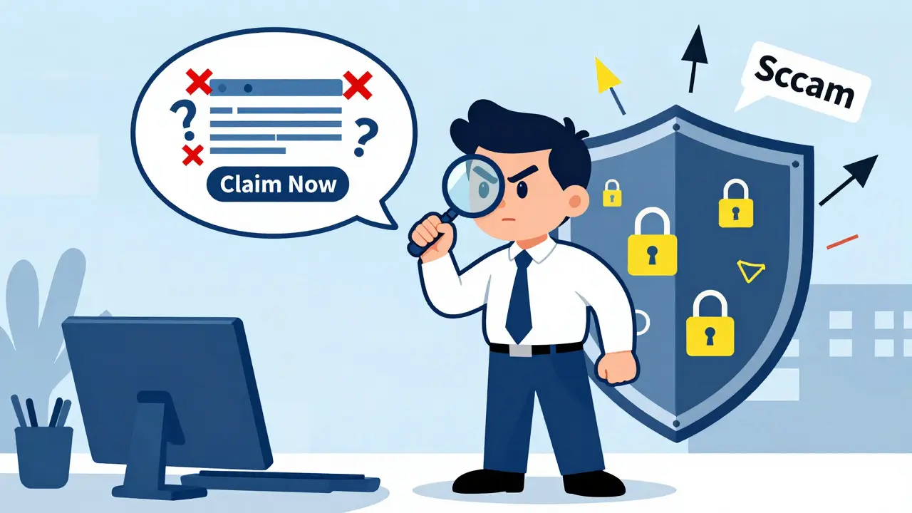 Illustration of a vigilant user checking for scams with a magnifying glass.